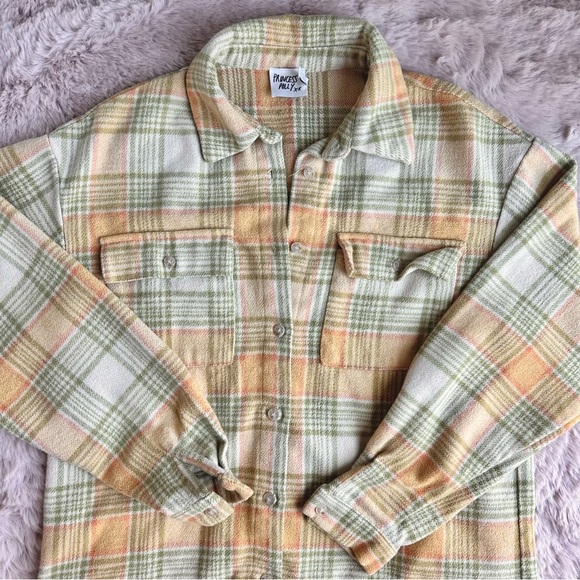 Princess Polly Mila Button Up Long Sleeve Shacket Shirt in Orange Multi Color - Picture 2 of 6
